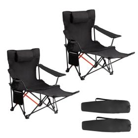 2 Pack Black Camping Chairs with Steel Frame 600D Oxford Fabric and Removable Footrest Portable Outdoor Folding Chairs Support up to 120KG for Camping